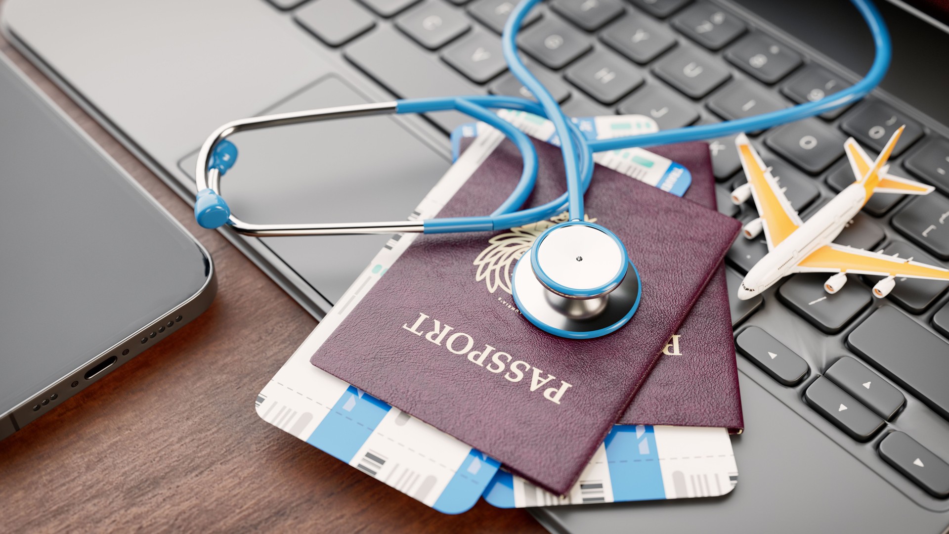 A stethoscope on passports, boarding passes, and a miniature airplane on a laptop, symbolizing travel insurance and health coverage during trips. 3d, rendering, illustration,